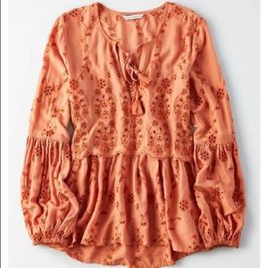 American Eagle Long Sleeve Eyelet Tunic in Rust